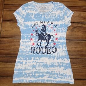 Wound Up SS Sky Blue/White Tee Cowgirl "Not My First Rodeo" -Size Junior M (7-9)